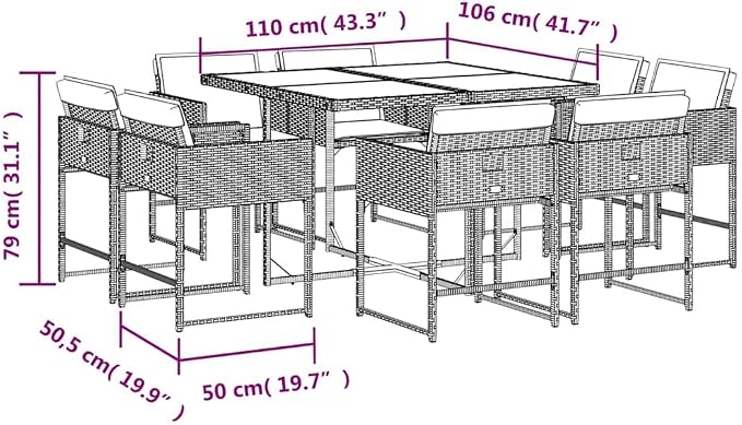 9 Piece Outdoor Rattan Patio Dining Set with Cushions Beige PE Wicker Garden Table and 8 Folding Chairs for Backyard Lawn Poolside