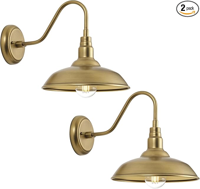 Brass Outdoor Gooseneck Light, 10'' Diameter Gooseneck Barn Wall Sconce for Porch, Exterior Waterproof Farmhouse Light Fixture with Wall Mount, 2 Pack, LM2201-GL-2P
