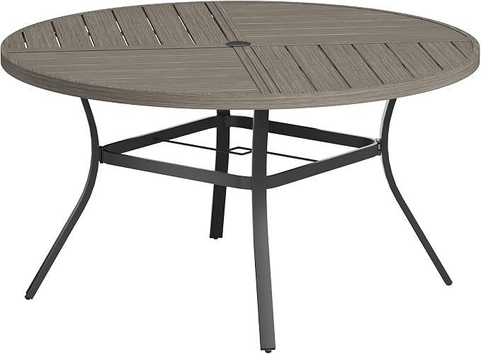 VICLLAX Round Patio Table with Adjustable Umbrella Hole for 6, All Weather Metal Outdoor Dining Table for Lawn Garden, 50" Outdoor Coffee Table, Grey Wood-Like Tabletop