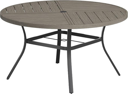 VICLLAX Round Patio Table with Adjustable Umbrella Hole for 6, All Weather Metal Outdoor Dining Table for Lawn Garden, 50" Outdoor Coffee Table, Grey Wood-Like Tabletop