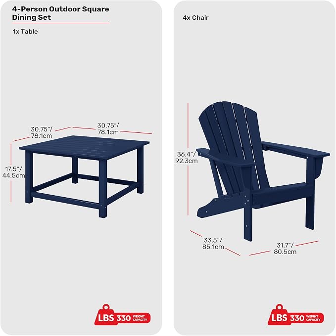 Costaelm Patio Conversation Set, Patio Chairs Set of 5 Balcony Firepit Furniture Outdoor Adirondack Square Table and Chair Backyard Furniture Set for Lawn Porch Pool Garden, Navy Blue