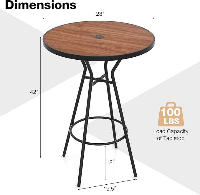 Tangkula 28” Outdoor Bar Table, Round Bar Height Table with Wood-Like Tabletop, Umbrella Hole & Footrest, Patio Bistro Table, High Top Table for Backyard, Garden & Deck
