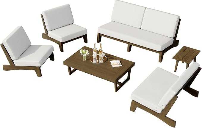 6 Piece Wood Outdoor Patio Frutnire Set, 7 Seater Patio Conversation Sets with Thick Cushions, Outdoor Sectional Furniture with Coffee Table - Beige