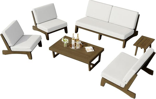 6 Piece Wood Outdoor Patio Frutnire Set, 7 Seater Patio Conversation Sets with Thick Cushions, Outdoor Sectional Furniture with Coffee Table - Beige