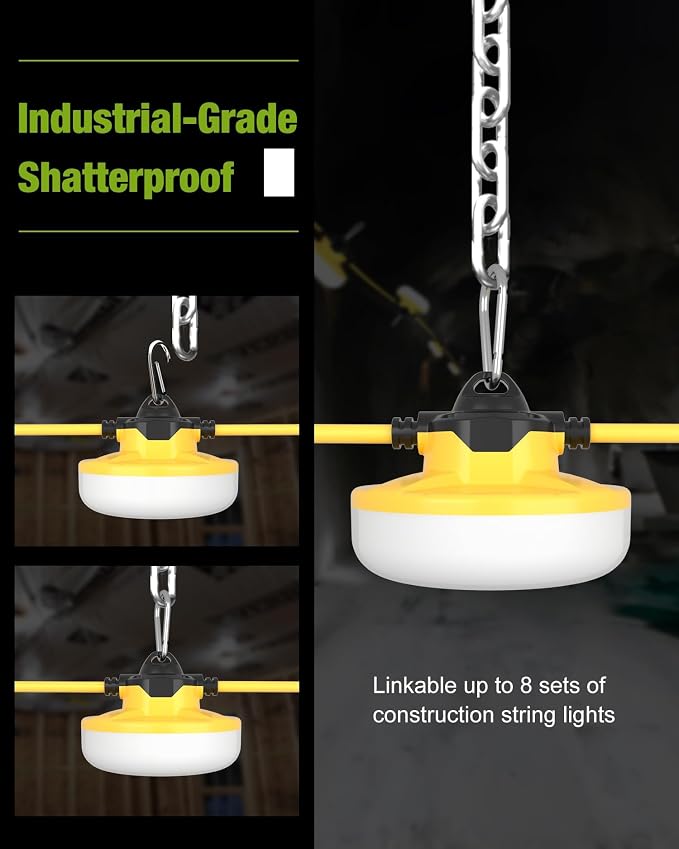 YXL 50FT 8000LM Construction String Lights, 65W Industrial String Work Lights, IP65 Waterproof Super Bright for Construction Sites Temporary Work Jobsites Outdoor Lighting