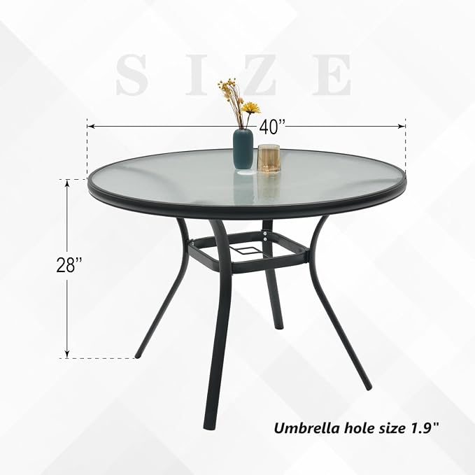 Outdoor Patio Set, 40" Round Glass Dining Table and 4pcs Stackable Chairs, All-Weather Patio Furniture Set with 1.7" Umbrella Hole for Garden Backyard Lawn Poolside