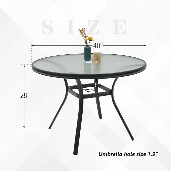 Outdoor Patio Set, 40" Round Glass Dinging Table and 4pcs Swivel Chairs, All-Weather Patio Furniture Set with 1.7" Umbrella Hole for Garden Backyard Lawn Poolside