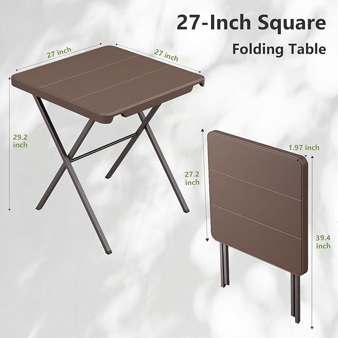 Folding Table, 27 Inch Square Folding Table, No Assembly Portable Camping Picnic Table, Heavy Duty Steel Frame Outdoor Coffee Table, Patio Card Table for Small Spaces, RV, Parties, 400 LBS Capacity