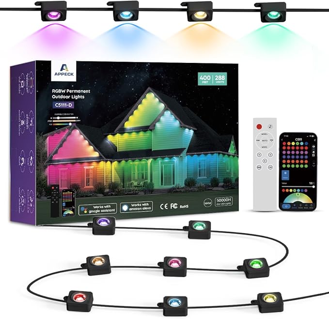 RGBW Permanent Outdoor Lights 400ft, 40LM, with 288 LED Bulbs, Black | IP67 Waterproof, 111 Scene Modes, 2700K Warm White, Music Sync, Individual Control, Eave Lights Compatible with Alexa