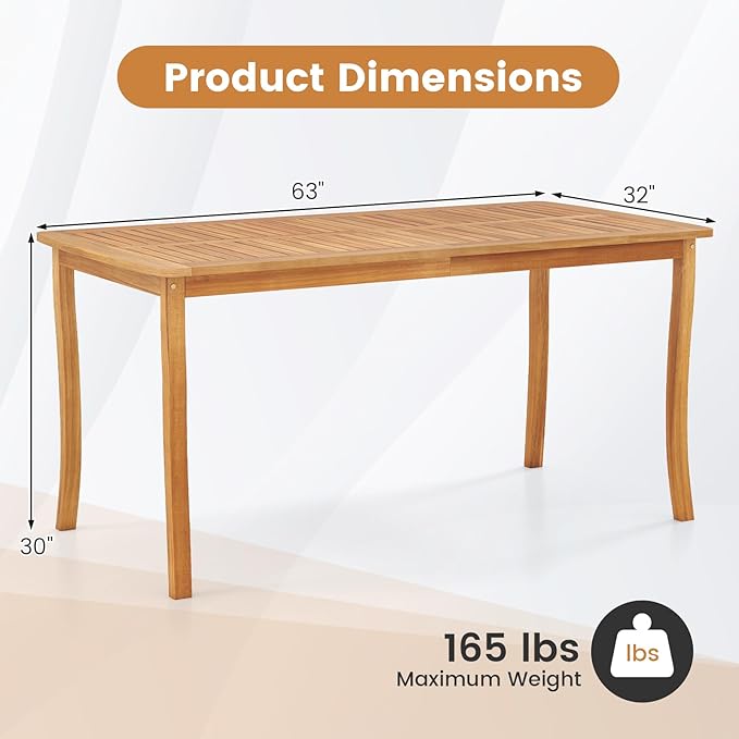 Tangkula 63-Inch Acacia Wood Outdoor Dining Table, 4-6 People Rectangle Patio Table with Umbrella Hole & Slatted Tabletop, Outside Table for Backyard, Garden, Porch, Deck