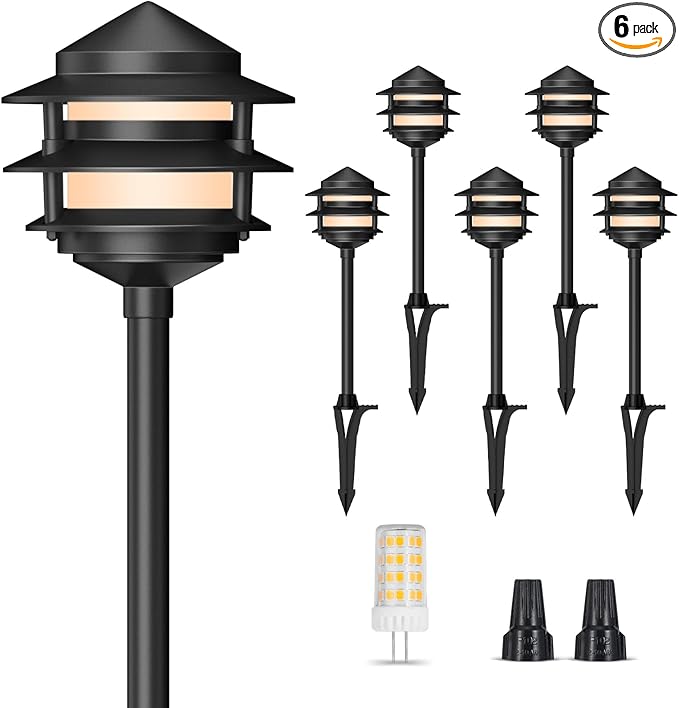 Pagoda Low Voltage Landscape Pathway Lights, 12V Outdoor LED Path Lights Wired, Aluminum Walkway Lighting with 4W 2700K Replaceable G4 Bulb, Classic 3-Tier Lantern, 6 Pack