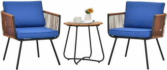 MARURY 3PC Patio Birsto Furniture Set, Outdoor Conversation Set, Cushioned Sofa Armrest Coffee Table Blue, for Porch, Garden, Balcony