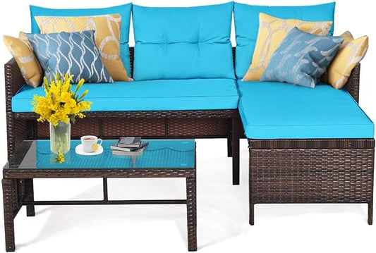 HAPPYGRILL 3 Pieces Rattan Wicker Patio Conversation Set, Outdoor Sofa Table Set with Steel Frame & Seat Cushion, Porch Furniture Set for Garden Lawn Pool Backyard
