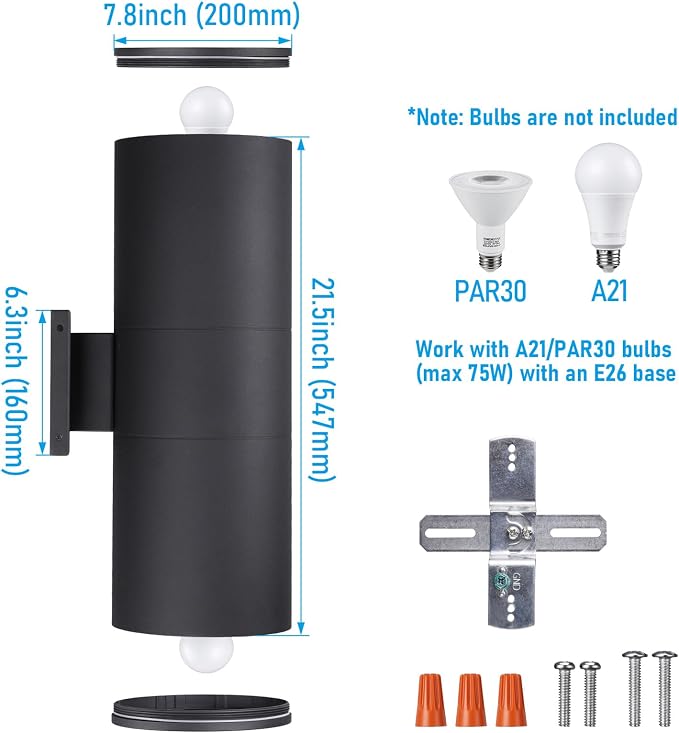 LEONLITE 2-Pack 22" Outdoor Cylinder Wall Light, Up and Down, E26 Base | Modern Porch Patio Lights, Waterproof Wall Sconce, Exterior Light Fixture Wall Mount, Aluminum, Matte Black, ETL Listed