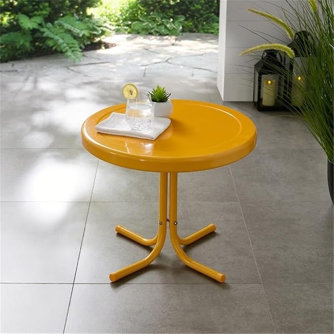 Pemberly Row Modern Steel Patio End Table, Tangerine Gloss/White Finish, 18.9" H x 22" W x 22" D, Weatherproof Powder-Coated Steel, Retro Style Outdoor Table for Balcony, Porch, or Patio Use