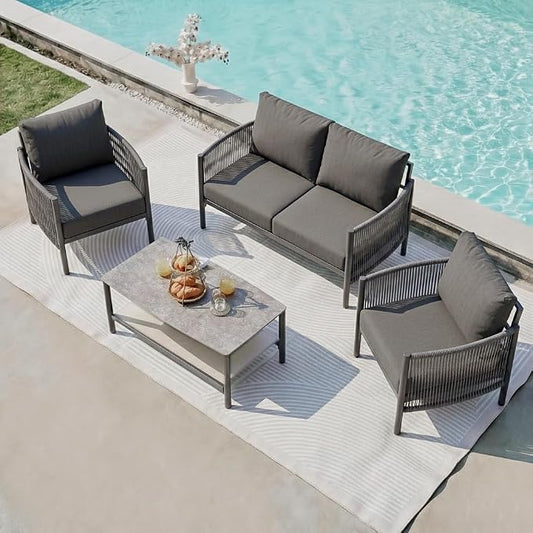 Aluminum Patio Furniture Set, 4 Seats Modern Outdoor Sectional Furniture with PE Rope & Dual-Layer Coffee Table, Luxury Patio Conversation Sets with 6" Cushions for Backyard/Garden, Charcoal