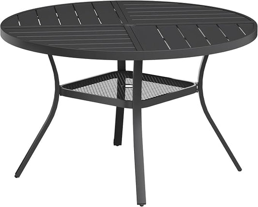 VICLLAX Round Patio Table with Adjustable Umbrella Hole for 6, All Weather 47.2" Metal Outdoor Dining Table for Lawn Garden, Black