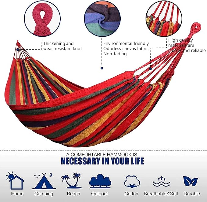 Cotton Canvas Hammock with Tree Straps - Portable Hammock for Outdoor Indoor Patio Backyard, Camping Hammock with Carry Bag, 440lbs Capacity, Without Stand(Red, Without bar)