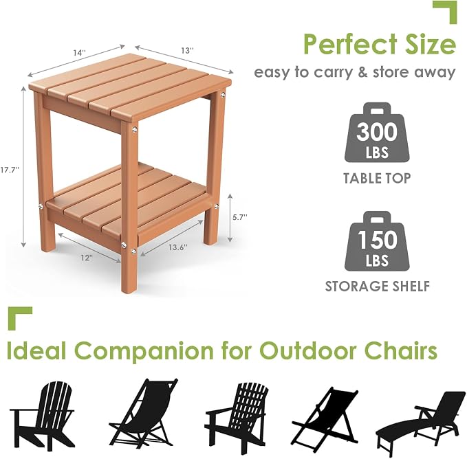 GREENVINES Adirondack-Outdoor-Side-Table | Set of 2 | 14 x 13 Inches | HDPE Plastic | All Weather | Teak | Outside End Tables | Storage Shelf | for Patio Porch Backyard Indoor