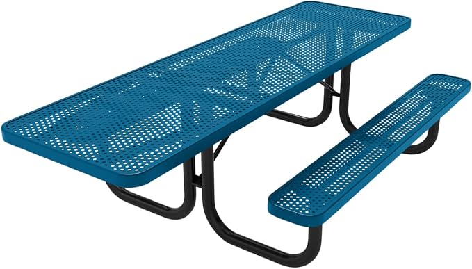 COATEDOUTDOORFURNITURE Heavy-Duty Portable ADA-Compliant Outdoor Picnic Table, Punched Steel Patio Dining Furniture Made in America (8ft Rectangular, One-Side Handicap, Light Blue)
