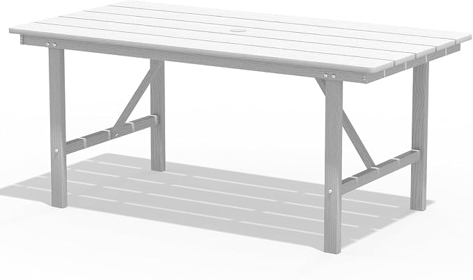 PLUUV 66" Outdoor Dining Table, All-Weather HDPE Rectangular Patio Table with 2” Umbrella Hole, Weatherproof, White