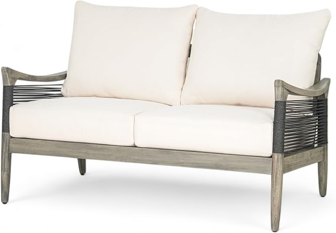Merax 2-Piece Acacia Wood Patio Loveseat Set with Coffee Table | Grey Acacia Frame, Woven Rope Loveseat, Thick Beige Cushions, Arc Coffee Table For Porch, Garden, Backyard Or Balcony