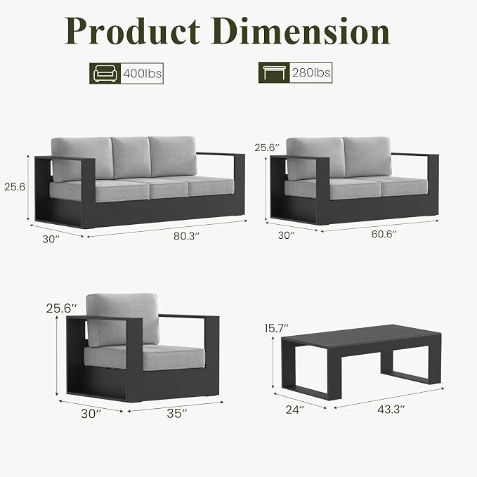 LayinSun Oversized Aluminum Outdoor Furniture Set, 5 Piece Patio Sofa Sets with Coffee Table, Deep Seating and Upgraded 6-inch Cushions for Porch, Balcony, Deck