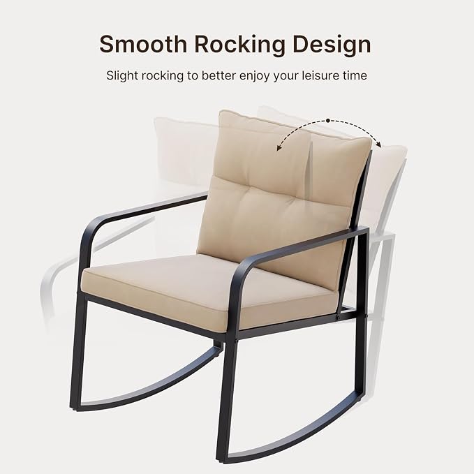 Gizoon 7-pc Outdoor Patio Furniture Set, Black Steel Patio Rocking Chairs Conversation Set with Loveseat, 6-Person Porch Bistro Set with Glass Coffee Table & Side Tables for Garden, Backyard, Beige