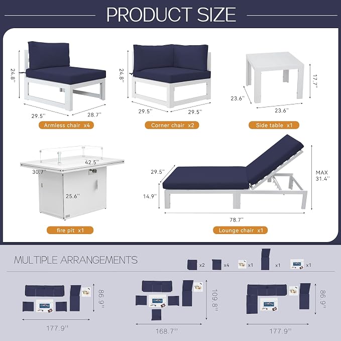 BULEXYARD 9 Pcs Oversized Contemporary Aluminum Patio Furniture Set, All Weather Modular Sectional Sofa with Tanning Chair & Fireplace, 500 lbs Heavy Duty Comfy Outdoor Couch for Beach Deck, Navy Blue