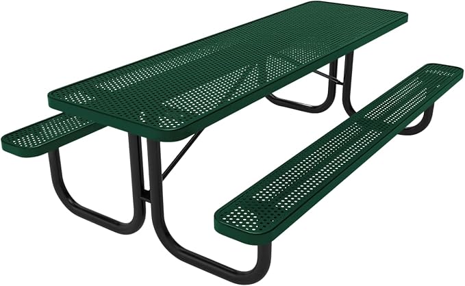 COATEDOUTDOORFURNITURE Heavy-Duty Portable Outdoor Picnic Table, Thermoplastic Coated Punched Steel Commercial-Grade Patio Dining Furniture Made in America (8ft Rectangular, Textured Green)