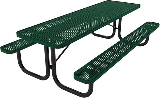 COATEDOUTDOORFURNITURE Heavy-Duty Portable Outdoor Picnic Table, Thermoplastic Coated Punched Steel Commercial-Grade Patio Dining Furniture Made in America (8ft Rectangular, Textured Green)