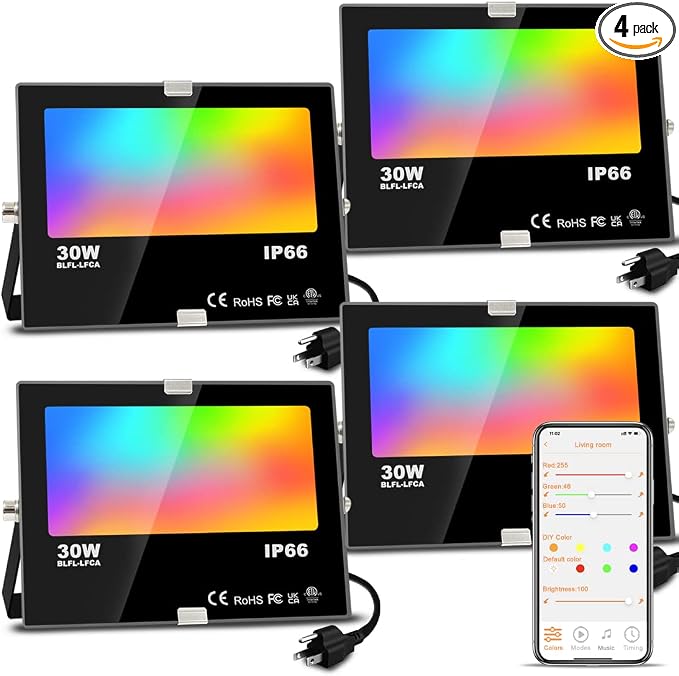 LED Flood Light Outdoor, 30W Equivalent 3000LM Smart RGB Landscape Lighting | APP Control, DIY Scenes - Timing - 5700K Daylight White -Color Changing Uplight, IP66 Waterproof US Plug MELPO(4 Pack)