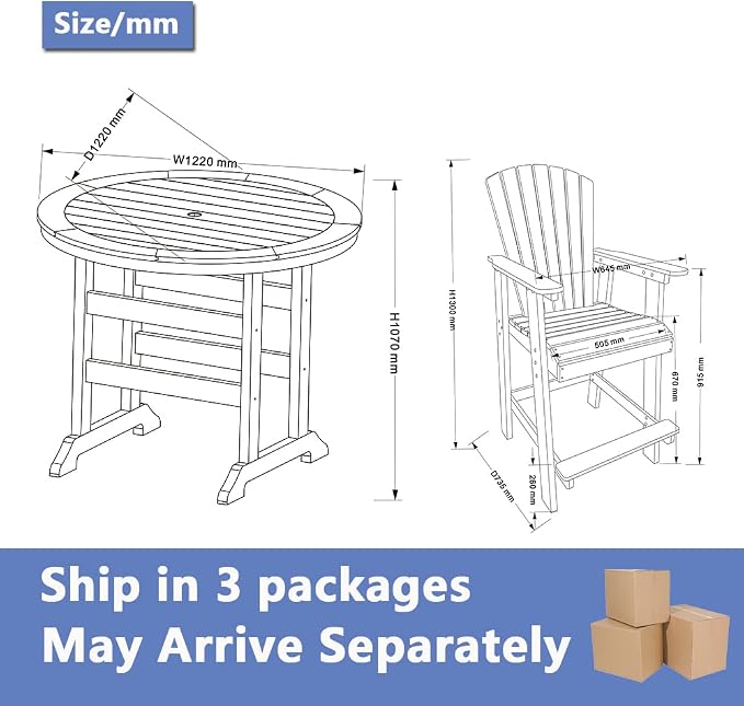 Outdoor Bar Height Table and Chairs Set of 5, Round Counter Bar Table with 1.96" Umbrella Hole, 4 Pcs Tall Adirondack Chairs Bar Stools with Arm, Patio Dining Set for Backyard Deck Balcony Front Porch