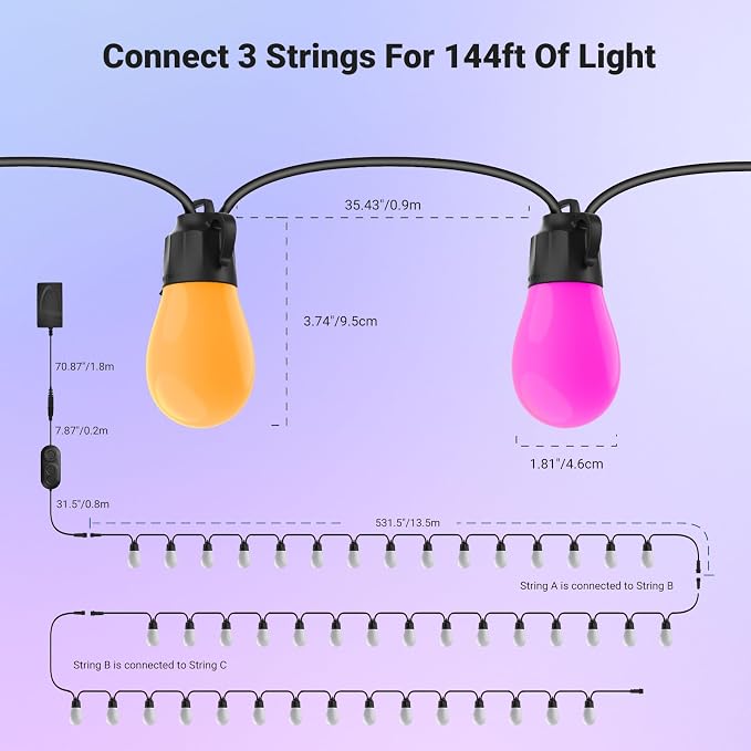 NEEWER 144ft Outdoor String Lights, App Control Smart AI RGB IC W Patio Balcony Backyard Outside Hanging Lighting, IP65 Waterproof, 45 LED Bulbs, 50+ Scenes, Compatible with Alexa Google, NR01