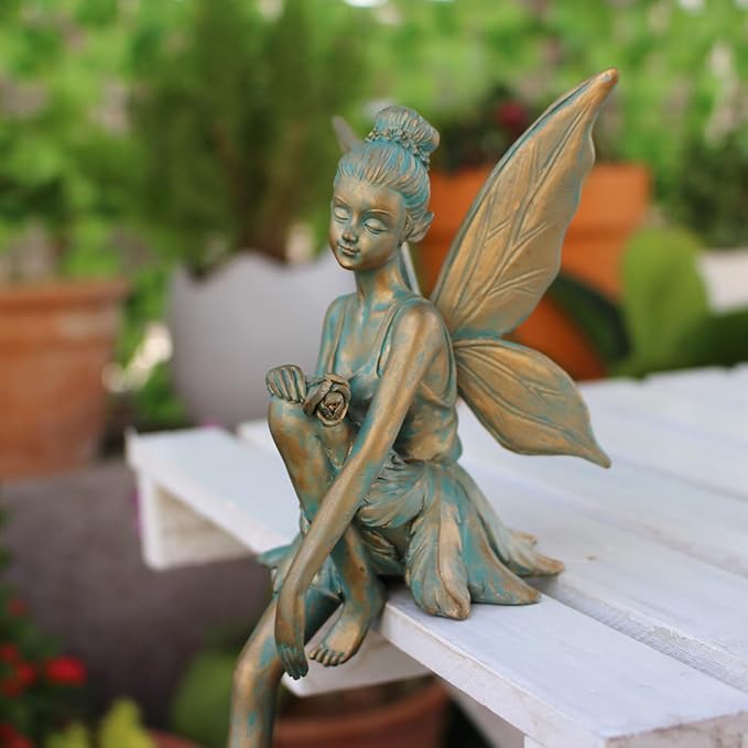 Vintage Bronze Sitting Fairy Statue Outdoor Garden Decor, 7" Tall Resin Angel Figurine Home Shelf Sitter Yard Art Sculpture for Patio Lawn Porch Ornaments