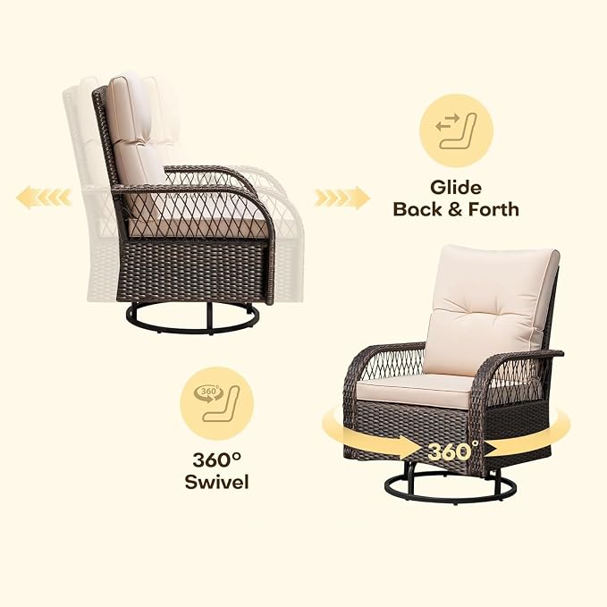 3 Pieces Patio Conversation Set Brown Outdoor Wicker Swivel Rocking Chairs Set Patio Furniture Set with Coffee Table for Porch Balcony Deck Garden