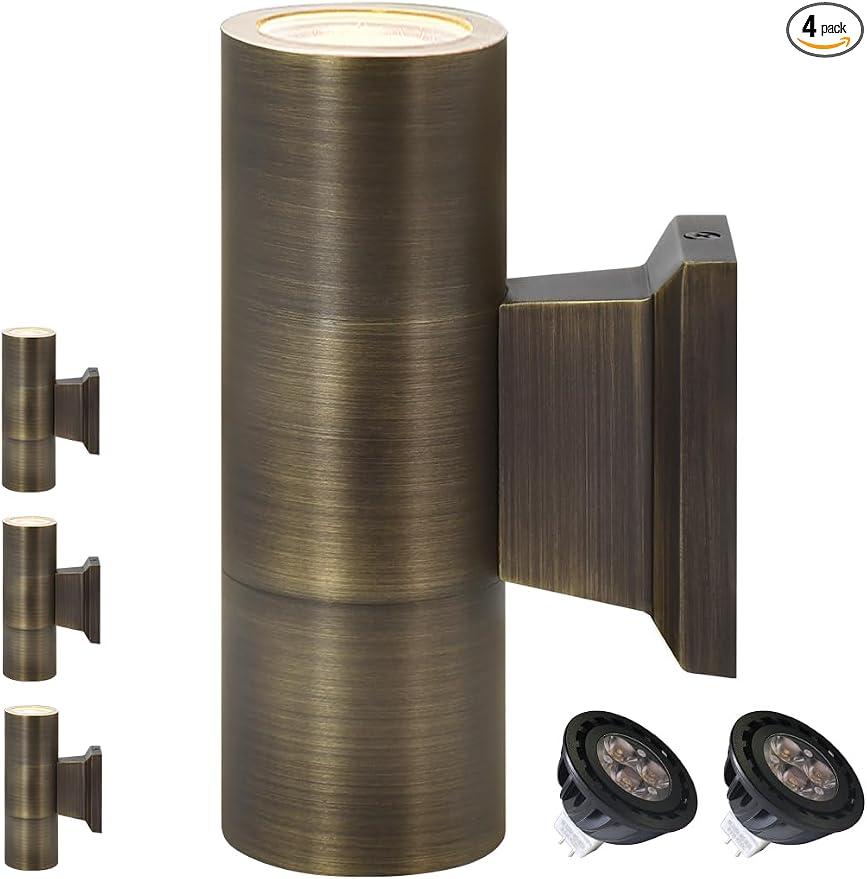 COLOER Brass Outdoor Cylinder Wall Lights(Bronze 6.875" H x 4.25" W) 4 Pack with LED MR16, 12V Low Voltage Porch Light in 2 Lights, 2700K Up Down Lights, Outside Light for House Porch Patio Door