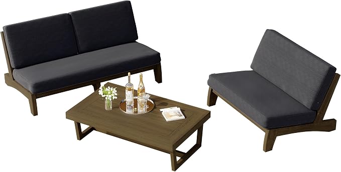 3 Piece Wood Outdoor Patio Frutnire Set, 5 Seater Patio Conversation Sets with Thick Cushions, Outdoor Sectional Furniture with Coffee Table - Dark Gray
