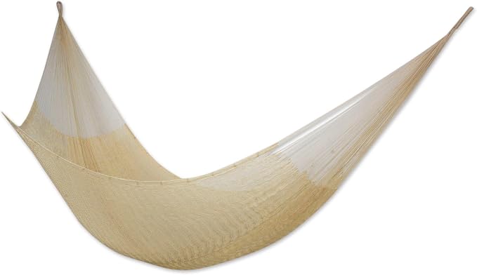 NOVICA Natural Off White Hand Woven Nylon Mayan 2 Person XL Rope Hammock with Hanging Accessories, 'Caribbean Beach' (Double)