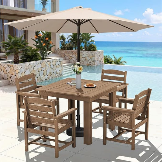 KINGYES HDPE Outdoor Dining Set for 4 with Umbrella, 6-Piece Square Patio Table & Armchairs, All-Weather for Backyard, Garden, Lawn & Poolside, Brown