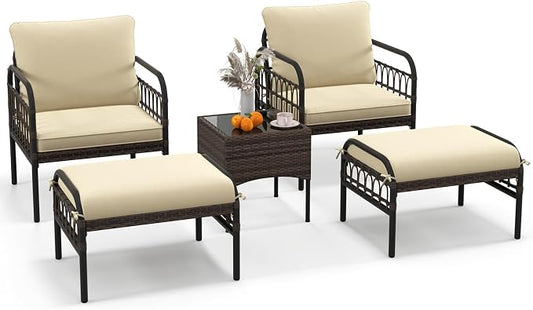 Tangkula 5 Piece Patio Conversation Set, Outdoor Wicker Chair Set w/Ottomans & Coffee Table, Comfy Seat & Back Cushions, Patio Wicker Woven Furniture Set for Backyard, Poolside (Beige)