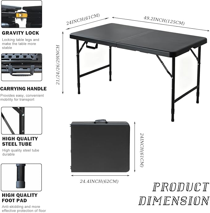 Portable Plastic Folding Table 4ft/6ft/8ft Heavy Duty White Black Picnic Dining Table Fold-in-Half for Camp Party Kitchen Indoor Outdoor