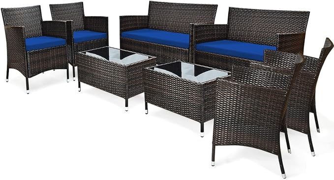COSTWAY 8PCS Rattan Patio Furniture Set | Outdoor Wicker Rattan Chairs with Coffee Table, Rattan Cushioned Conversation Set for Backyard Balcony Porch Poolside, Navy