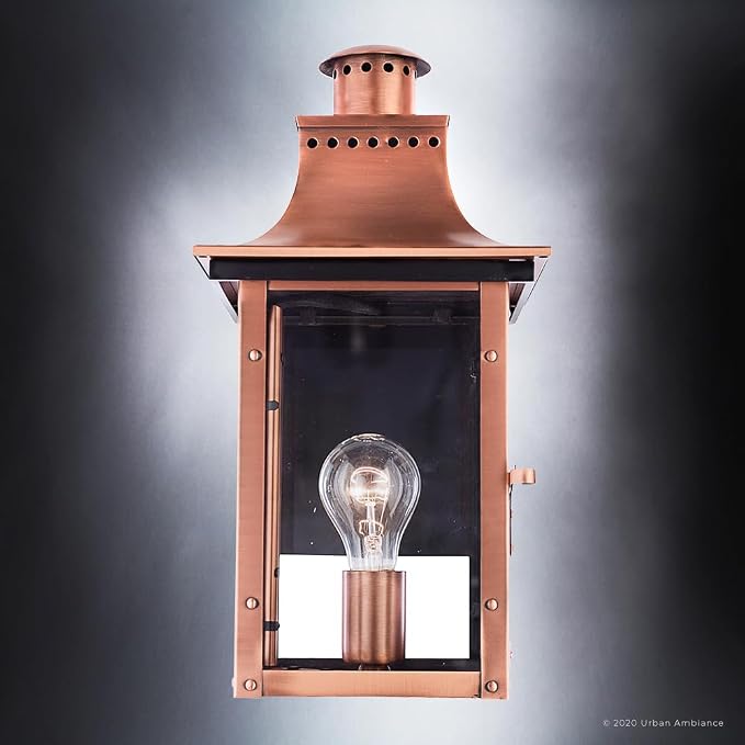 Luxury Antique Outdoor Wall Light, Medium Size: 15.3" H x 7.75" W, with French Country Style Elements, Rustic Copper Finish, UQL1413, Longview Collection