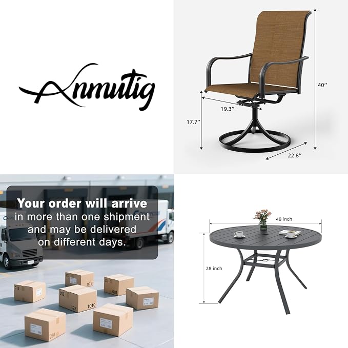5 Piece Outdoor Patio 48" Round Table and Brown Swivel Chairs Set Style2 | 4 Piece Swivel Chairs: High Back, Curved Armrest, Textilene Fabric, Rocking; 48 inch Metal Round Table, All Weather