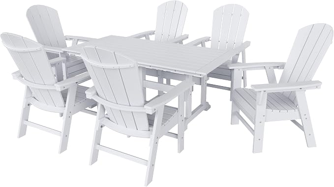WestinTrends Malibu 7 Piece Adirondack Outdoor Dining Set, All Weather Poly Lumber Patio Table and Chairs Furniture Set, 71" Trestle Dining Table and 6 Adirondack Dining Chair, White