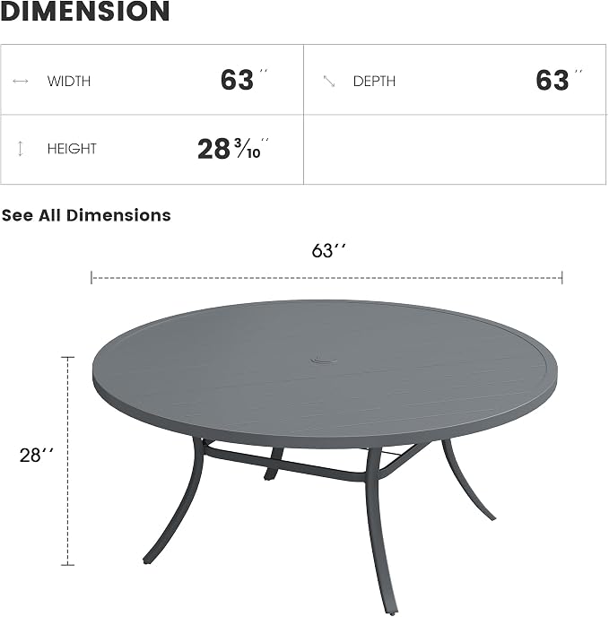 Patio Dining Table for 8-10, Round Metal Outdoor Table with 1.57" Umbrella Hole, 63" Outdoor Slat Tabletop Dining Table for Backyard, Porch, Lawn, Dark Grey
