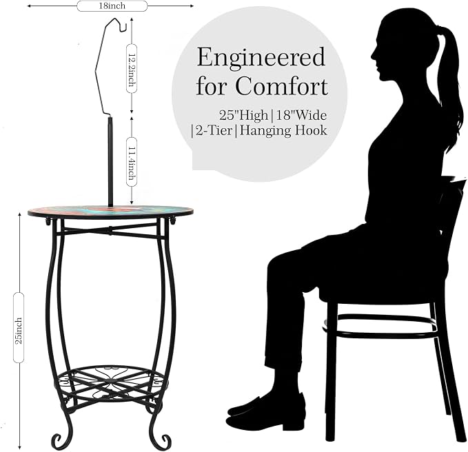 2-Tier Round Metal Side Table with Hanging Hook, Anti-Rust Weather Resistant Iron Accent Side Table for Living Room Bedroom Patio Balcony Indoor Outdoor Small Space, Easy Assemble, 25 Inch Tall