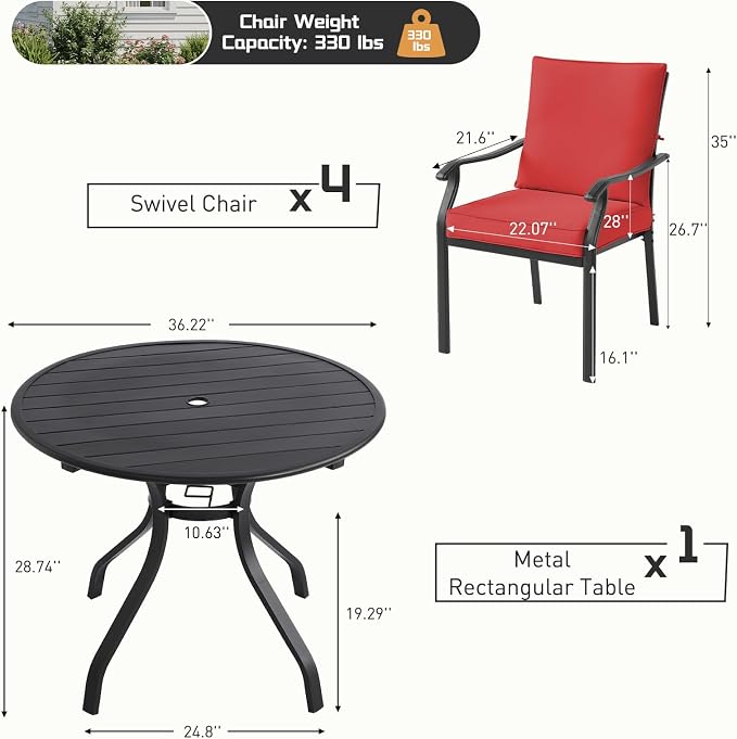 5 Piece Outdoor Patio Dining Set, 36’’ Round Dining Table with Umbrella Hole & 4pcs Metal Dining Chairs, Outdoor Furniture Dining Set for Patio, Balcony, Lawn, Garden, Backyard