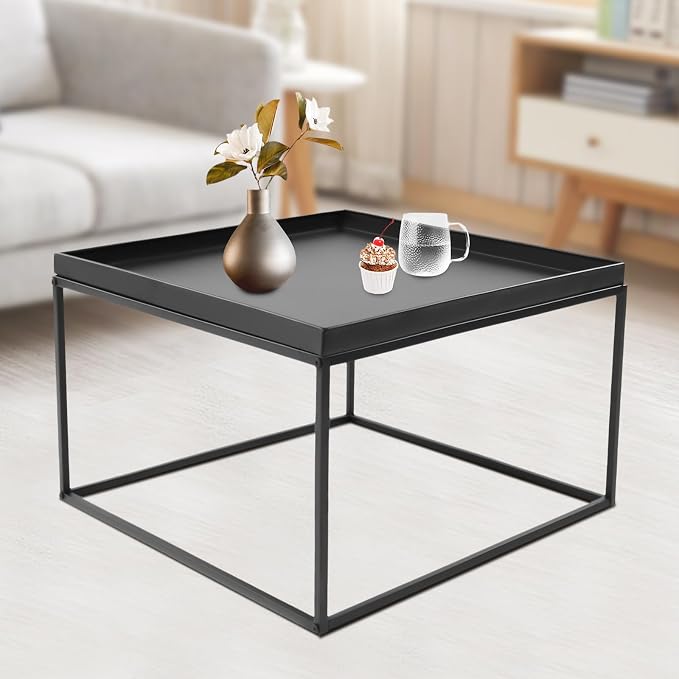 Tray Metal End Table, Sofa Table Small Side Table, Accent Coffee Table, Waterproof Outdoor & Indoor Snack Table, 23.2" L x 23.2" W x 14.2" H, Black